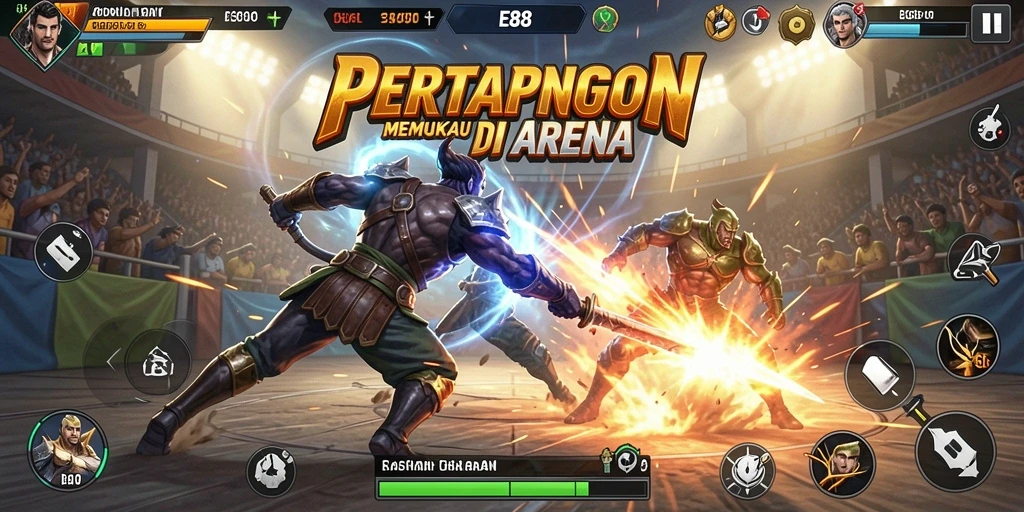 Tangkapan layar E88 menampilkan aksi pertarungan mendebarkan di arena.