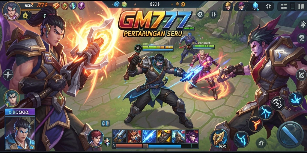Screenshot gameplay GM777 menampilkan aksi seru antar hero di arena.