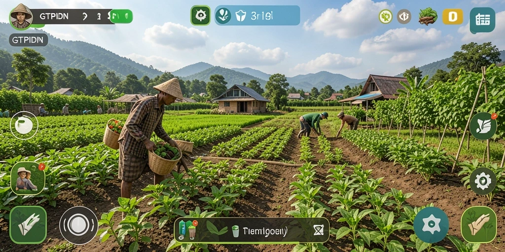 Tampilan gameplay GTPIDN dengan ladang subur dan aktivitas bercocok tanam.