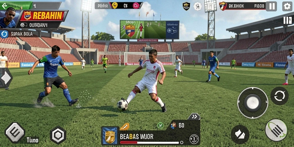Tampilan menarik gameplay REBAHIN dengan aksi sepak bola yang seru.