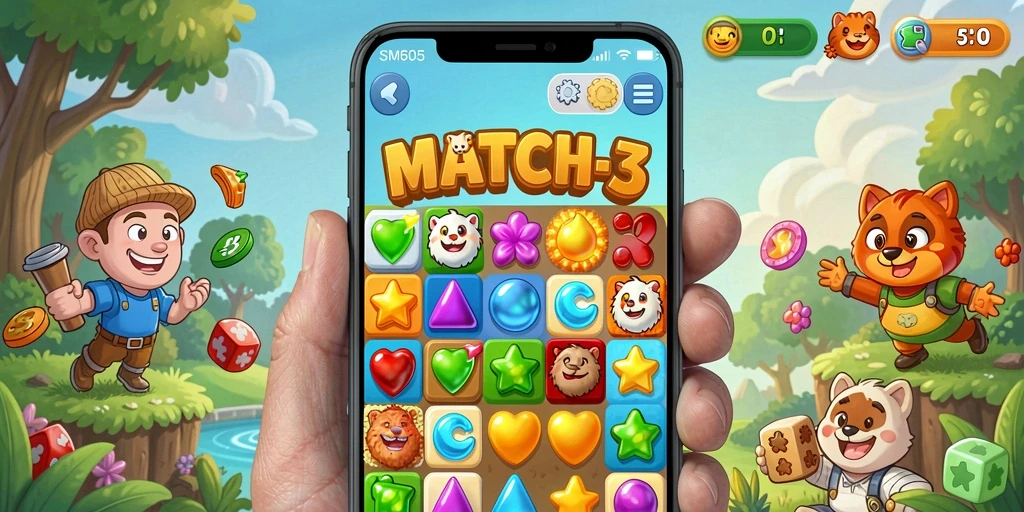 Tampilan gameplay seru dalam game Match-3 SM605 yang penuh warna.