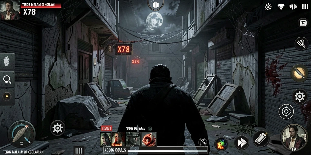 Screenshot utama X78 menampilkan suasana horor yang mencekam dan menegangkan.